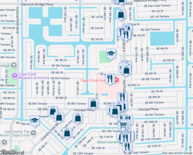 map of restaurants, bars, coffee shops, grocery stores, and more near 1335 Southeast 6th Street in Cape Coral