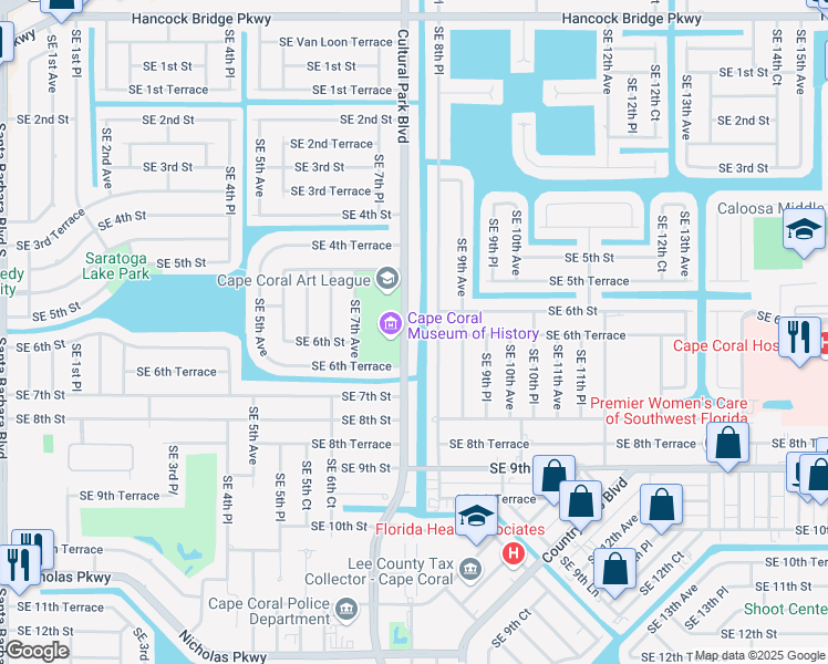 map of restaurants, bars, coffee shops, grocery stores, and more near 525 Cultural Park Boulevard in Cape Coral