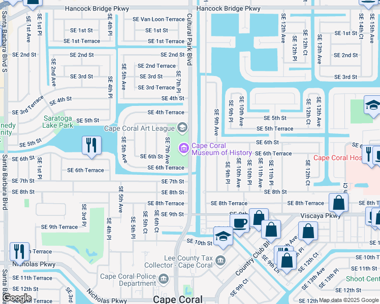 map of restaurants, bars, coffee shops, grocery stores, and more near 525 Cultural Park Boulevard in Cape Coral