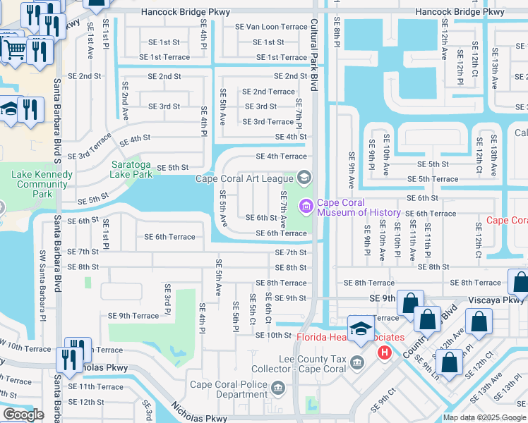 map of restaurants, bars, coffee shops, grocery stores, and more near 528 Southeast 6th Place in Cape Coral