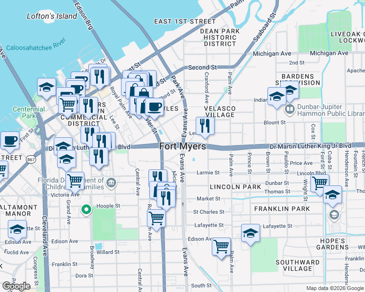 map of restaurants, bars, coffee shops, grocery stores, and more near in Fort Myers