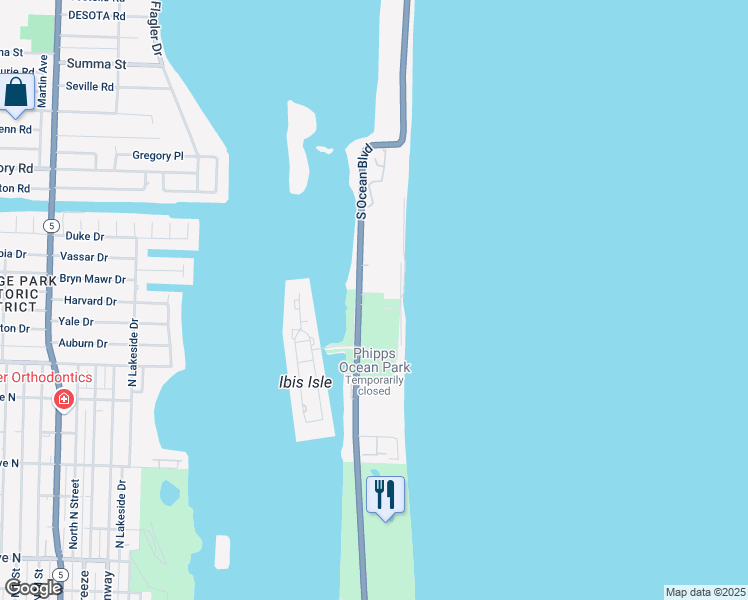 map of restaurants, bars, coffee shops, grocery stores, and more near 2100S South Ocean Boulevard in Palm Beach