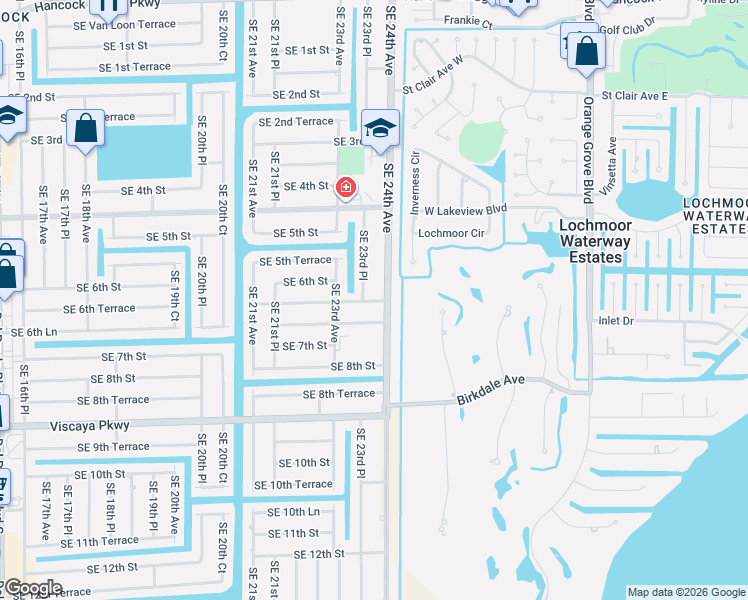 map of restaurants, bars, coffee shops, grocery stores, and more near 606 Southeast 23rd Place in Cape Coral