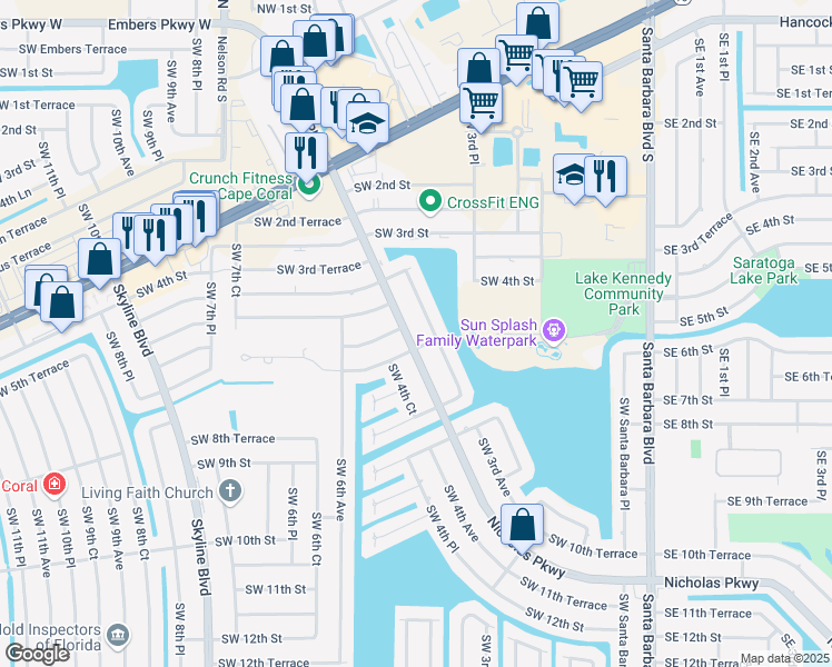 map of restaurants, bars, coffee shops, grocery stores, and more near 424 Nicholas Parkway in Cape Coral