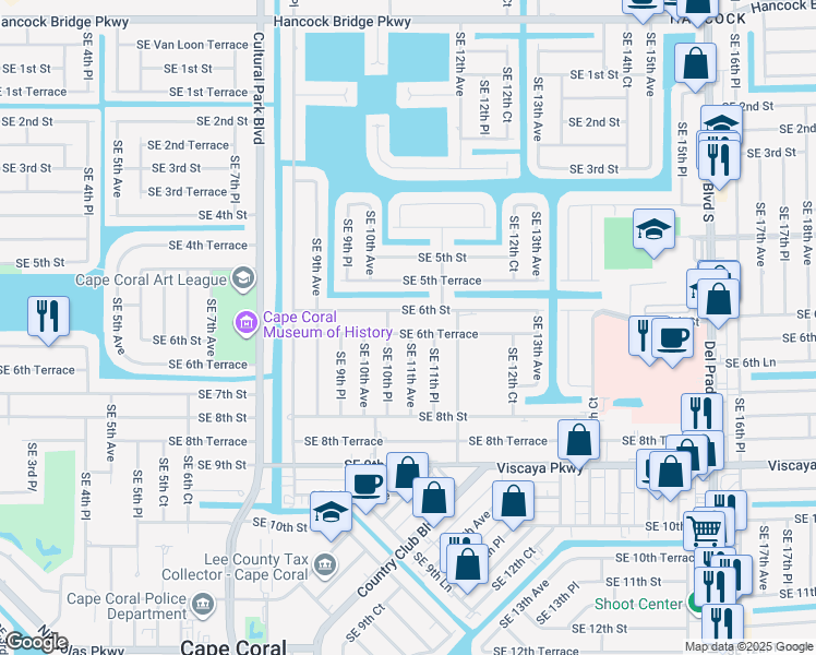 map of restaurants, bars, coffee shops, grocery stores, and more near 1027 Southeast 6th Terrace in Cape Coral