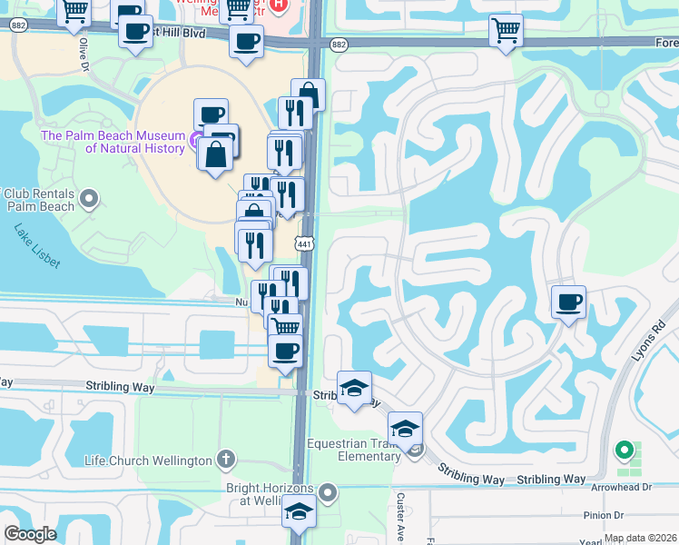 map of restaurants, bars, coffee shops, grocery stores, and more near 9813 Scribner Lane in Wellington