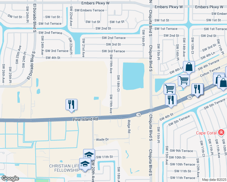 map of restaurants, bars, coffee shops, grocery stores, and more near 609 Southwest 19th Avenue in Cape Coral