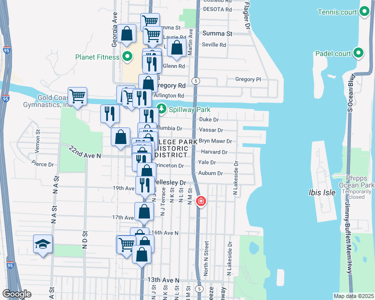 map of restaurants, bars, coffee shops, grocery stores, and more near 211 Dartmouth Drive in Lake Worth