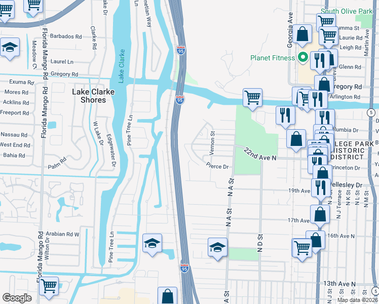 map of restaurants, bars, coffee shops, grocery stores, and more near 1791 Pierce Drive in Lake Worth Beach