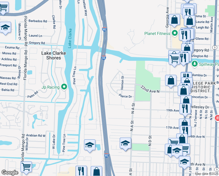 map of restaurants, bars, coffee shops, grocery stores, and more near 1771 22nd Avenue North in Lake Worth