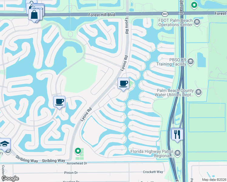 map of restaurants, bars, coffee shops, grocery stores, and more near 2820 Rio Claro Drive North in Wellington