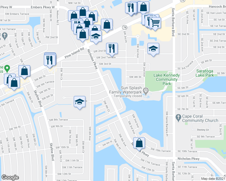 map of restaurants, bars, coffee shops, grocery stores, and more near 511 Southwest 3rd Court in Cape Coral