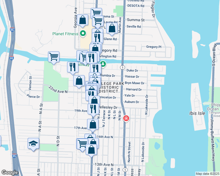 map of restaurants, bars, coffee shops, grocery stores, and more near 228 Dartmouth Drive in Lake Worth