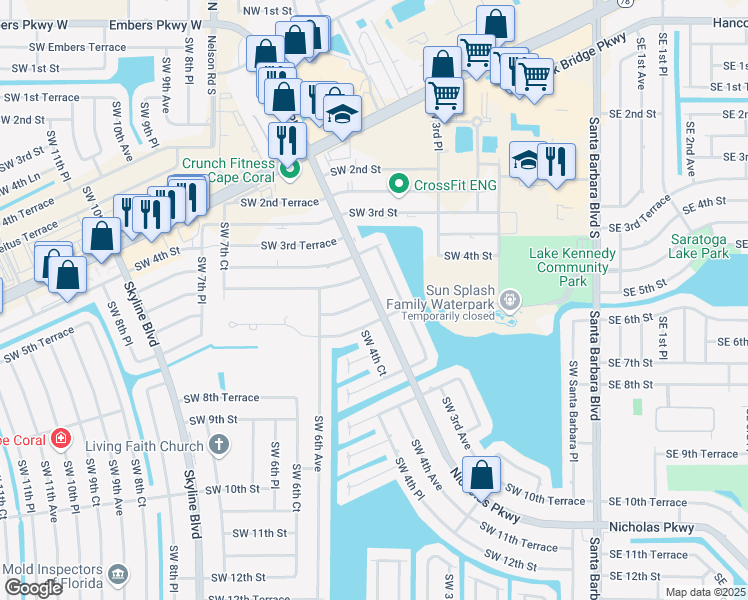 map of restaurants, bars, coffee shops, grocery stores, and more near 511 Nicholas Parkway West in Cape Coral
