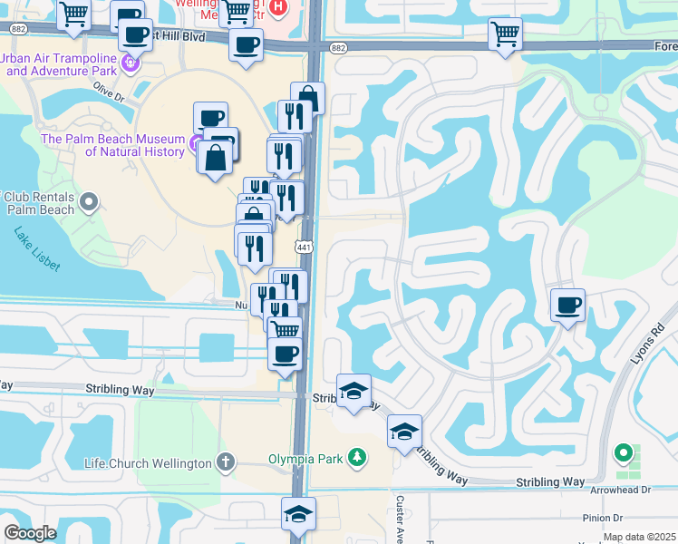 map of restaurants, bars, coffee shops, grocery stores, and more near 9813 Scribner Lane in Wellington
