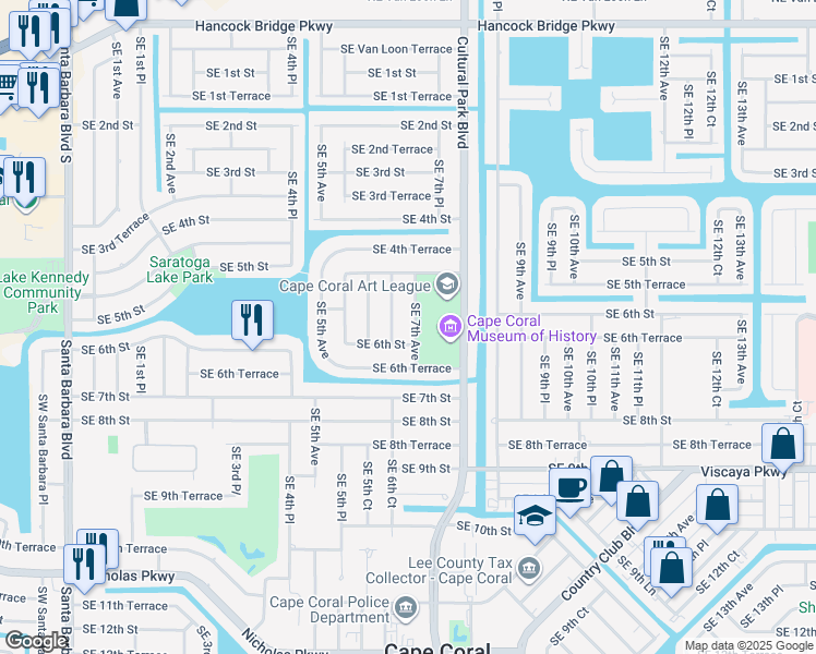 map of restaurants, bars, coffee shops, grocery stores, and more near 528 Southeast 6th Place in Cape Coral