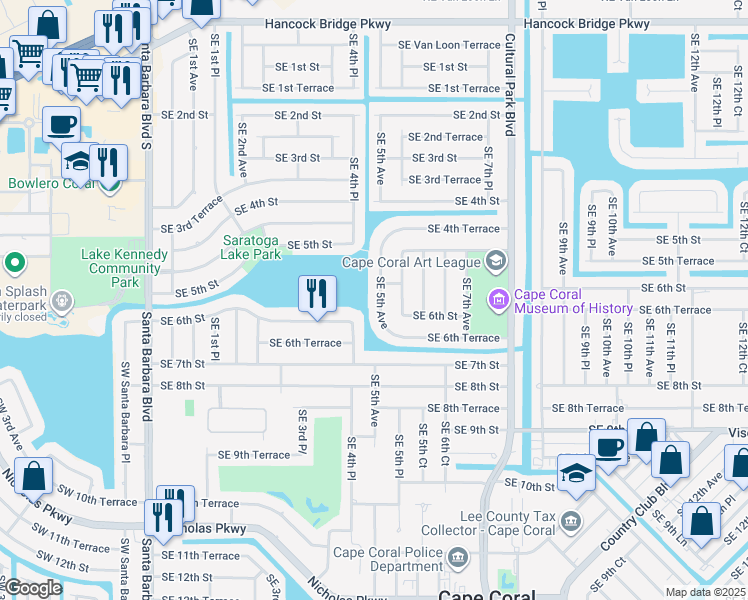map of restaurants, bars, coffee shops, grocery stores, and more near 538 Southeast 5th Avenue in Cape Coral