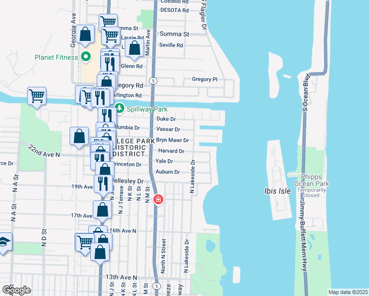 map of restaurants, bars, coffee shops, grocery stores, and more near 101 Bryn Mawr Drive in Lake Worth