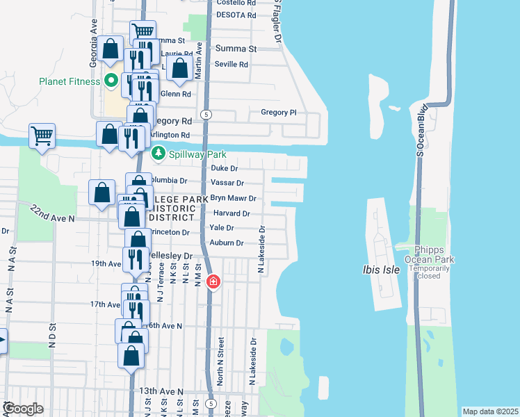 map of restaurants, bars, coffee shops, grocery stores, and more near 101 Bryn Mawr Drive in Lake Worth
