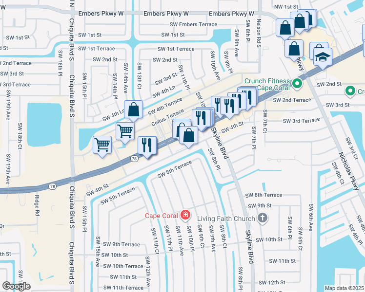 map of restaurants, bars, coffee shops, grocery stores, and more near 900 Southwest Pine Island Road in Cape Coral