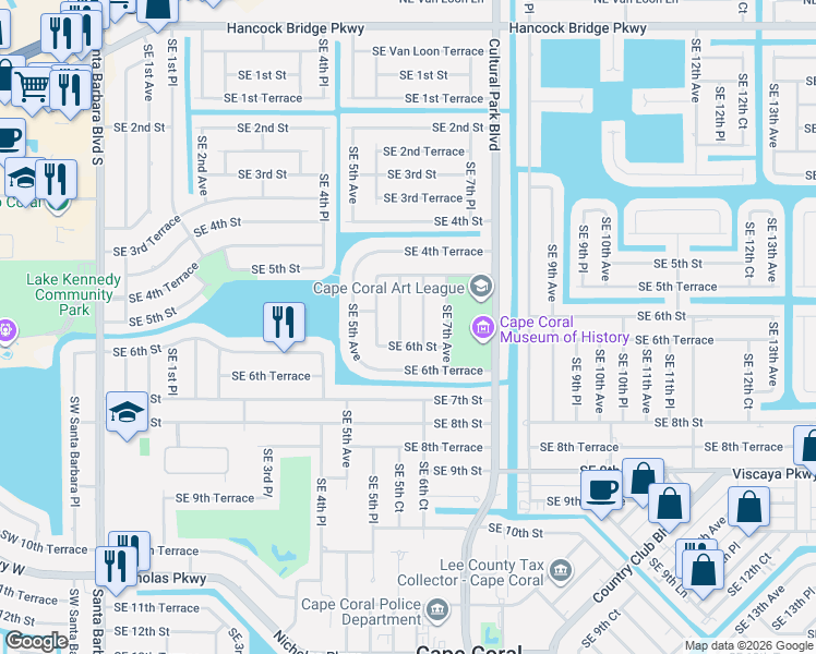 map of restaurants, bars, coffee shops, grocery stores, and more near 533 Southeast 6th Avenue in Cape Coral