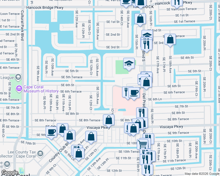 map of restaurants, bars, coffee shops, grocery stores, and more near 606 Southeast 13th Place in Cape Coral