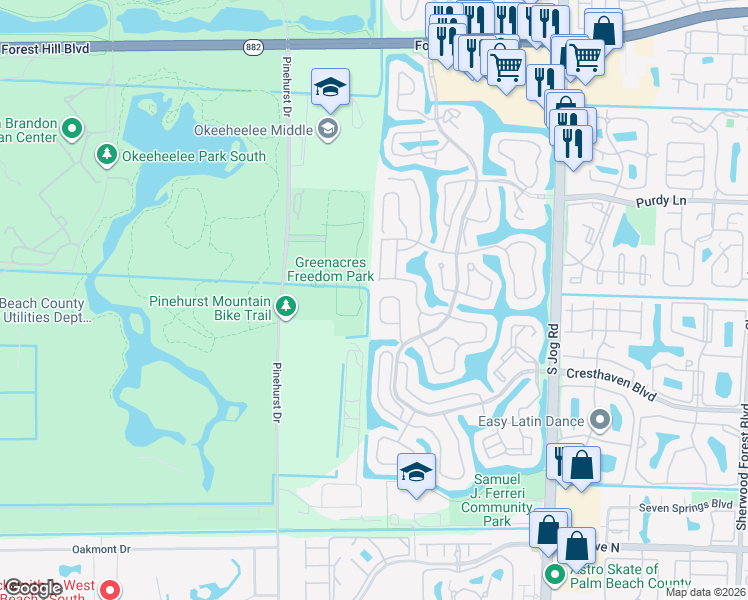 map of restaurants, bars, coffee shops, grocery stores, and more near 6711 Eagle Ridge Drive in Greenacres