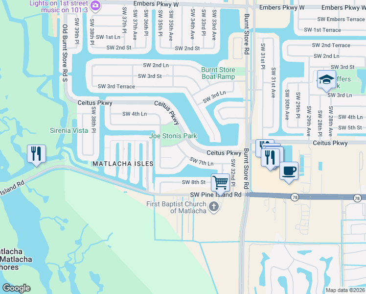 map of restaurants, bars, coffee shops, grocery stores, and more near 3428 Ceitus Parkway in Cape Coral