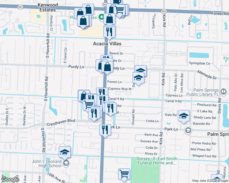 map of restaurants, bars, coffee shops, grocery stores, and more near 150 Cypress Way West in Palm Springs