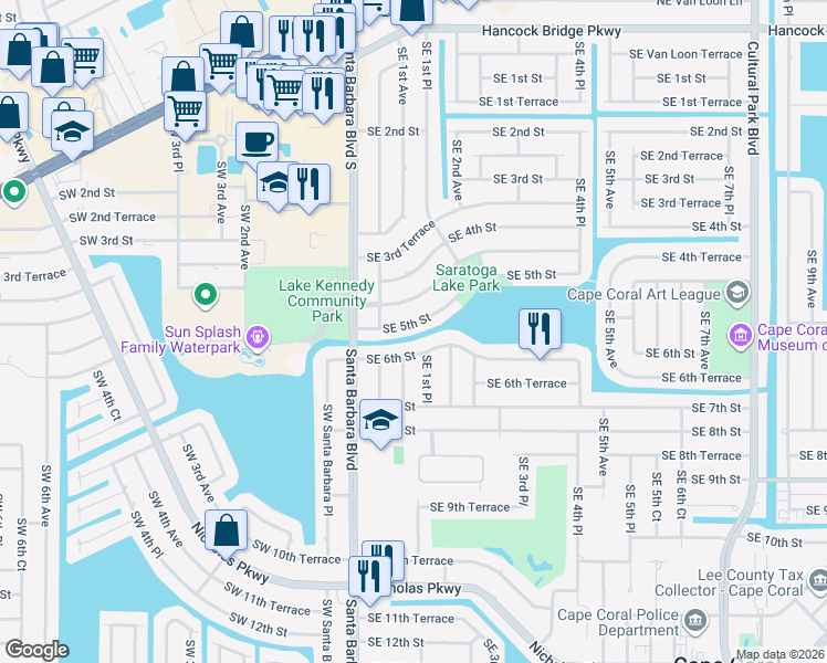 map of restaurants, bars, coffee shops, grocery stores, and more near 136 Southeast 5th Street in Cape Coral