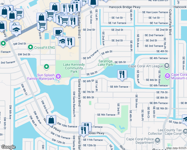 map of restaurants, bars, coffee shops, grocery stores, and more near 136 Southeast 5th Street in Cape Coral