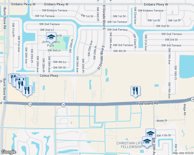map of restaurants, bars, coffee shops, grocery stores, and more near 2430 Southwest 5th Terrace in Cape Coral