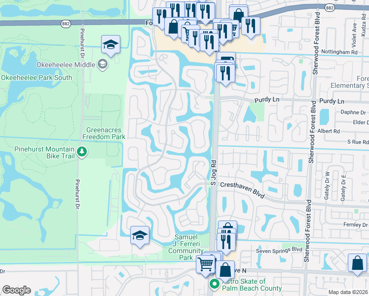 map of restaurants, bars, coffee shops, grocery stores, and more near 114 Harbor Lake Circle in Greenacres