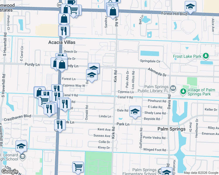 map of restaurants, bars, coffee shops, grocery stores, and more near 200 Village Green Circle East in Palm Springs