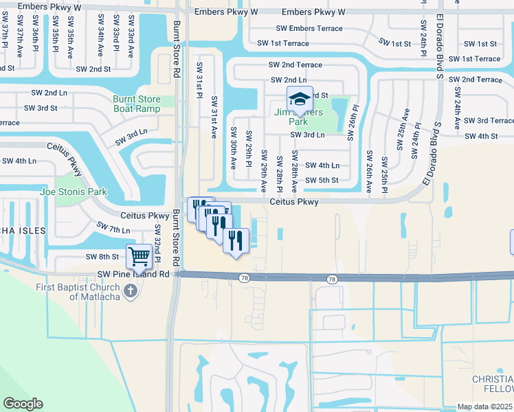 map of restaurants, bars, coffee shops, grocery stores, and more near 2906 Ceitus Parkway in Cape Coral