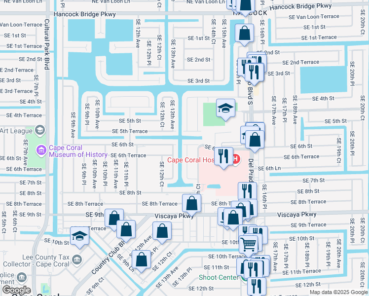 map of restaurants, bars, coffee shops, grocery stores, and more near 606 Southeast 13th Place in Cape Coral