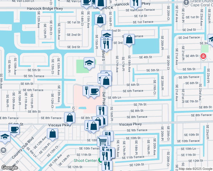 map of restaurants, bars, coffee shops, grocery stores, and more near 603 Del Prado Boulevard South in Cape Coral