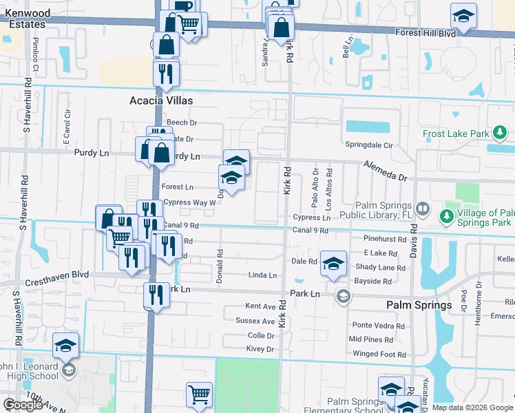 map of restaurants, bars, coffee shops, grocery stores, and more near 400 Village Green Circle West in Palm Springs