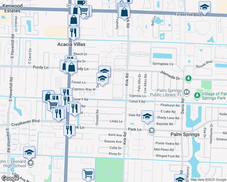 map of restaurants, bars, coffee shops, grocery stores, and more near 400 Village Green Circle West in Palm Springs