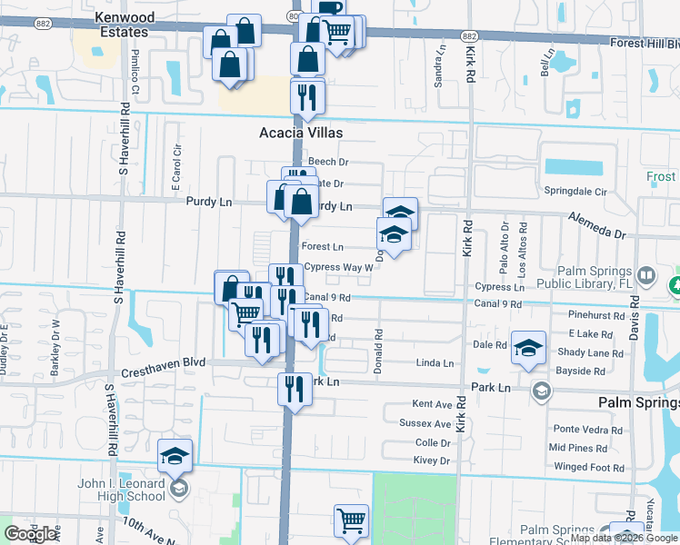 map of restaurants, bars, coffee shops, grocery stores, and more near 150 Cypress Way West in Palm Springs