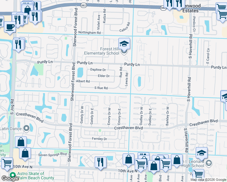 map of restaurants, bars, coffee shops, grocery stores, and more near 5652 South Rue Road in West Palm Beach