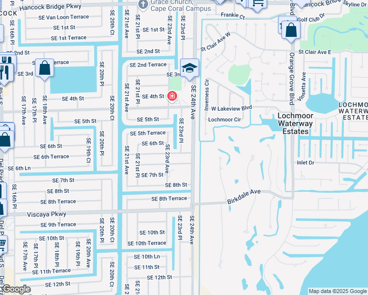 map of restaurants, bars, coffee shops, grocery stores, and more near 606 Southeast 23rd Place in Cape Coral