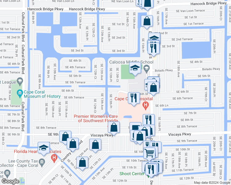 map of restaurants, bars, coffee shops, grocery stores, and more near 606 Southeast 13th Place in Cape Coral