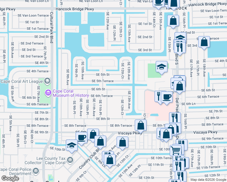 map of restaurants, bars, coffee shops, grocery stores, and more near 1222 Southeast 6th Street in Cape Coral