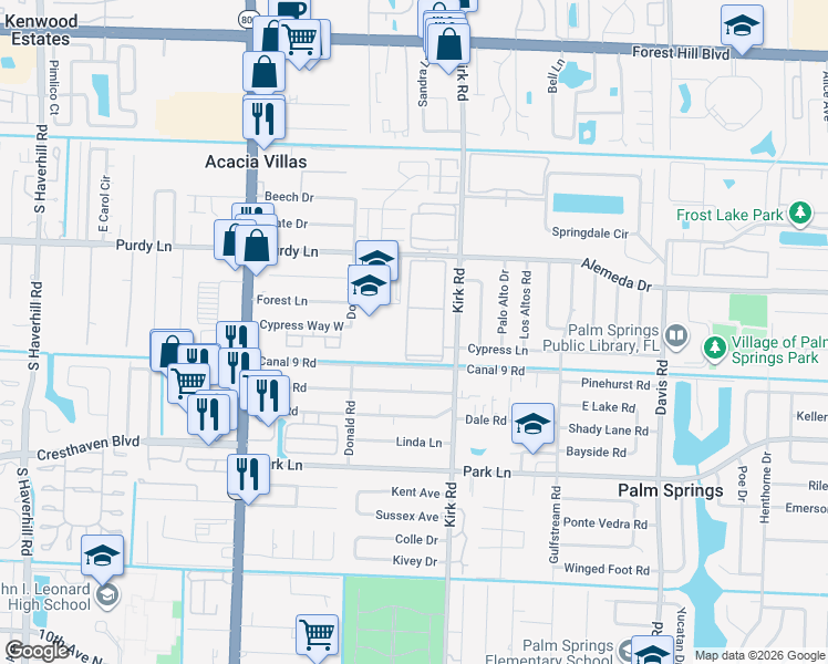 map of restaurants, bars, coffee shops, grocery stores, and more near 400 Village Green Circle West in Palm Springs