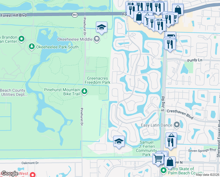 map of restaurants, bars, coffee shops, grocery stores, and more near 6711 Eagle Ridge Drive in Greenacres