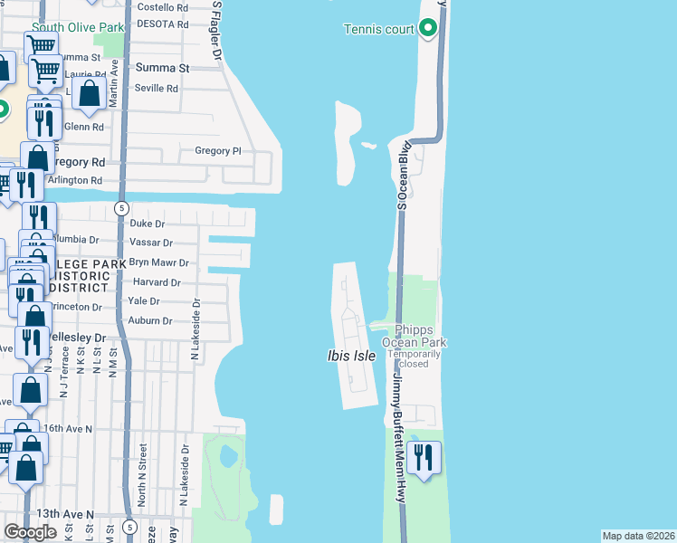 map of restaurants, bars, coffee shops, grocery stores, and more near 2155 Ibis Isle Road in Palm Beach