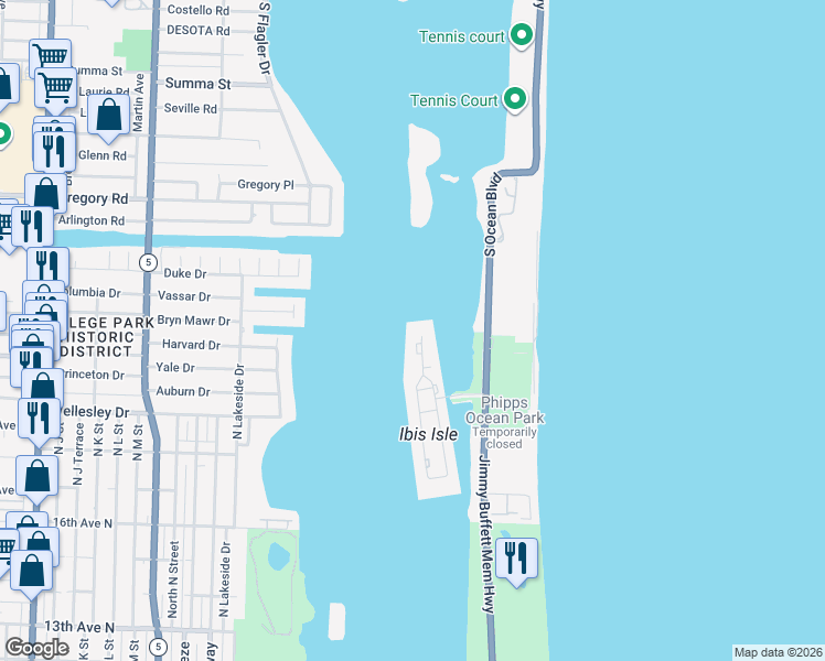 map of restaurants, bars, coffee shops, grocery stores, and more near 2155 Ibis Isle Road in Palm Beach