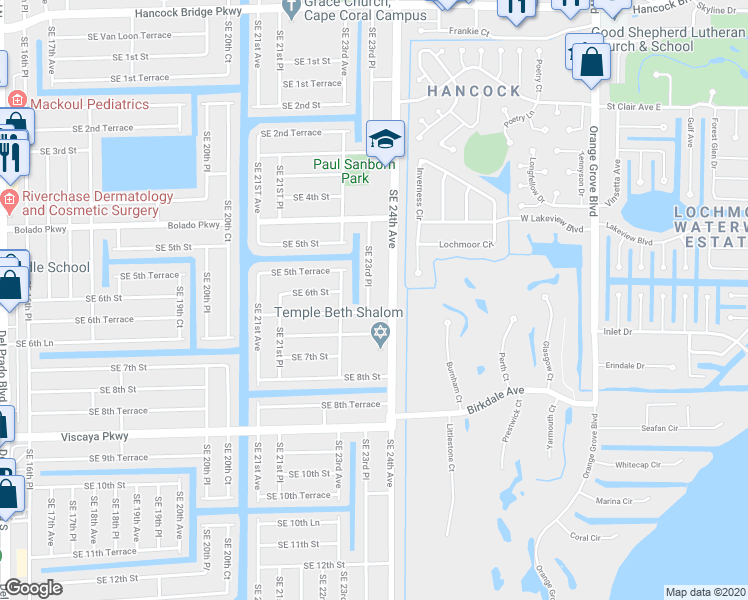 map of restaurants, bars, coffee shops, grocery stores, and more near 606 Southeast 23rd Place in Cape Coral