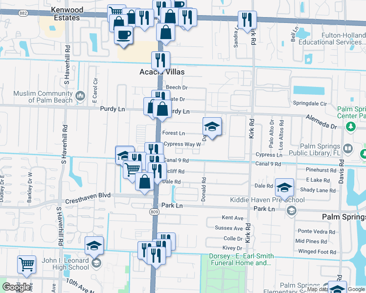 map of restaurants, bars, coffee shops, grocery stores, and more near 140 Cypress Way West in Palm Springs